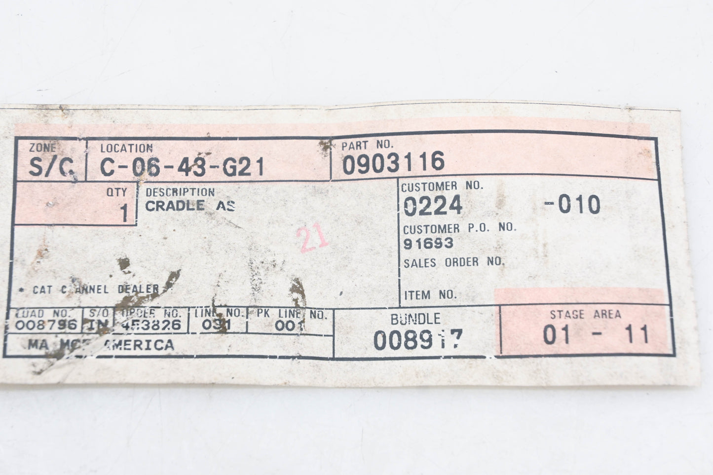 Caterpillar 0903116 Tank Cradle NOS