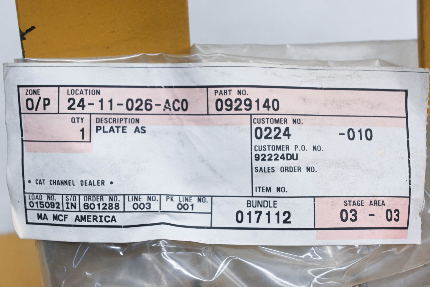 Caterpillar 0929140 Floor Plate Cradle Assembly NOS