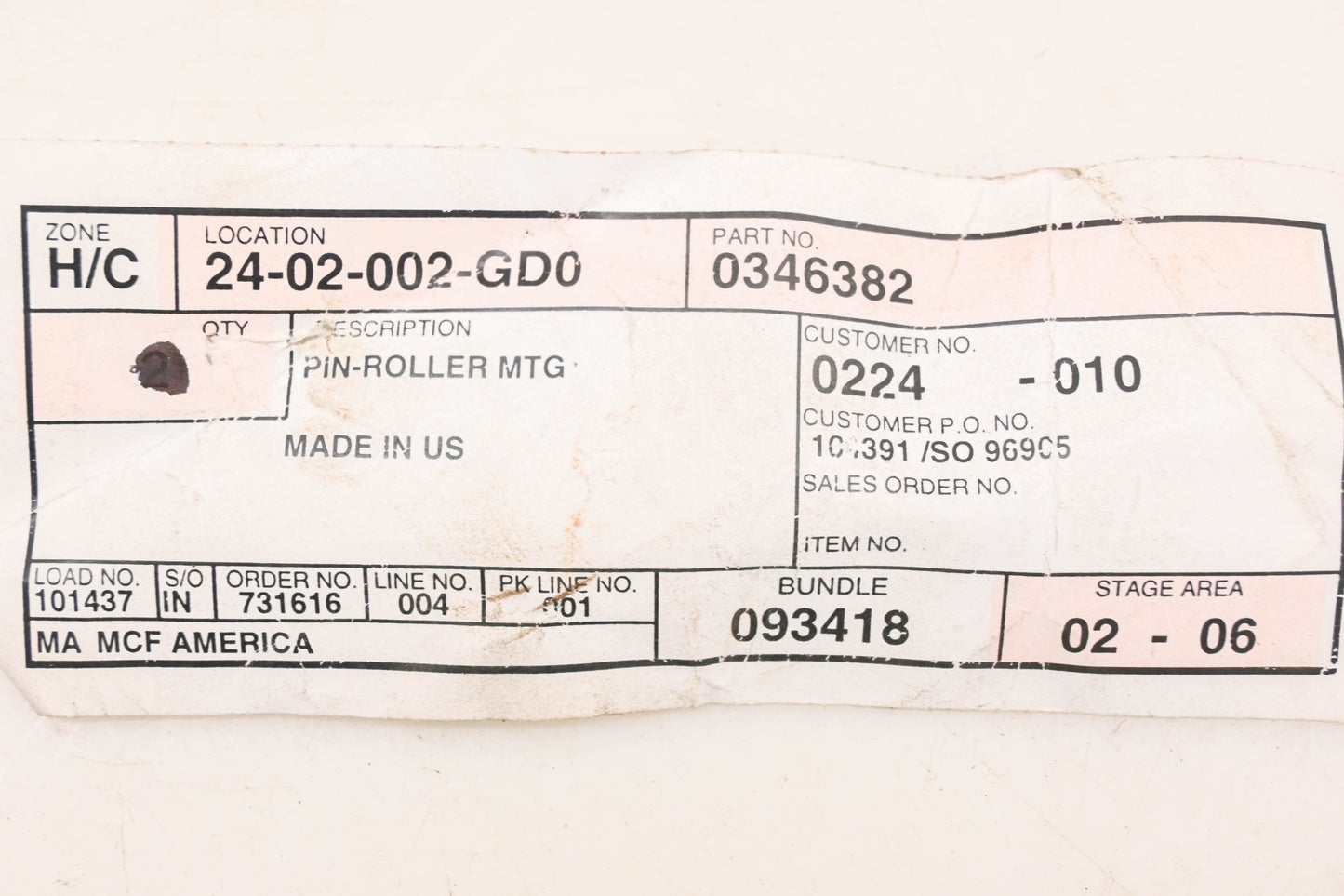 Caterpillar 346382, 0346382, 34-6382 Roller Mounting Pin NOS