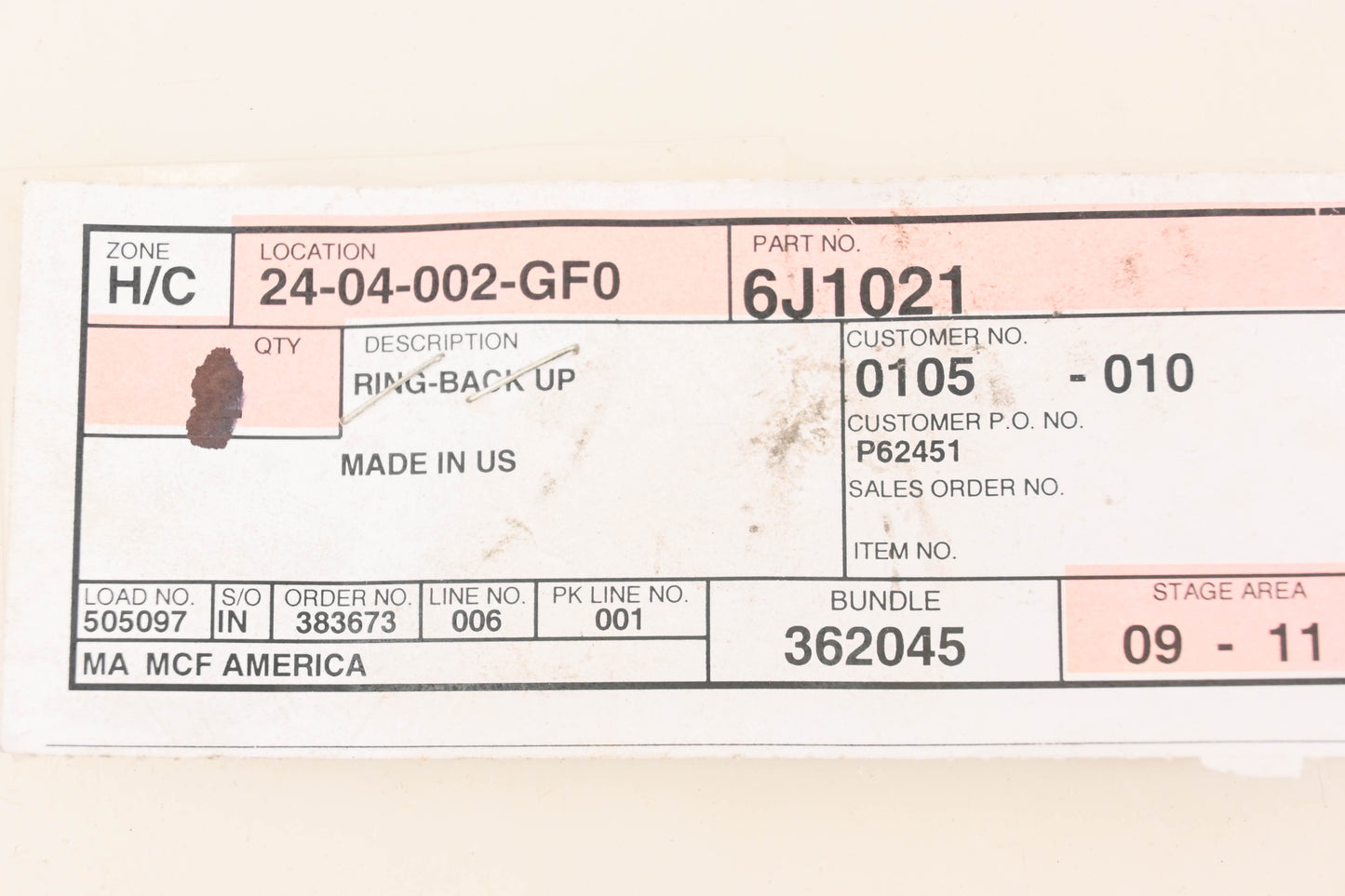 Caterpillar 6J1021, 6J-1021 Back-Up Seal Ring NOS