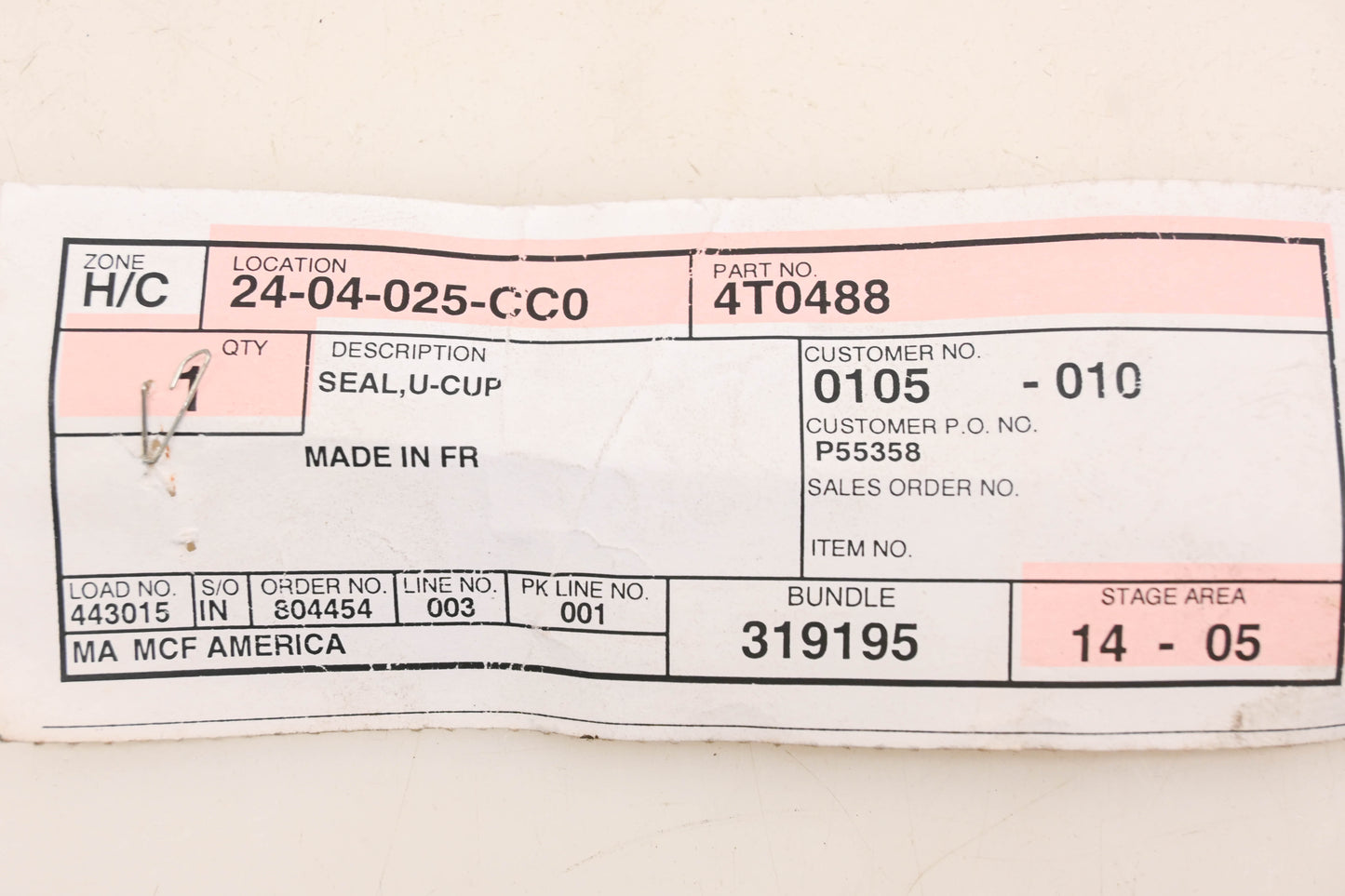 Caterpillar 4T0488, 4T-0488 U-Cup Seal NOS