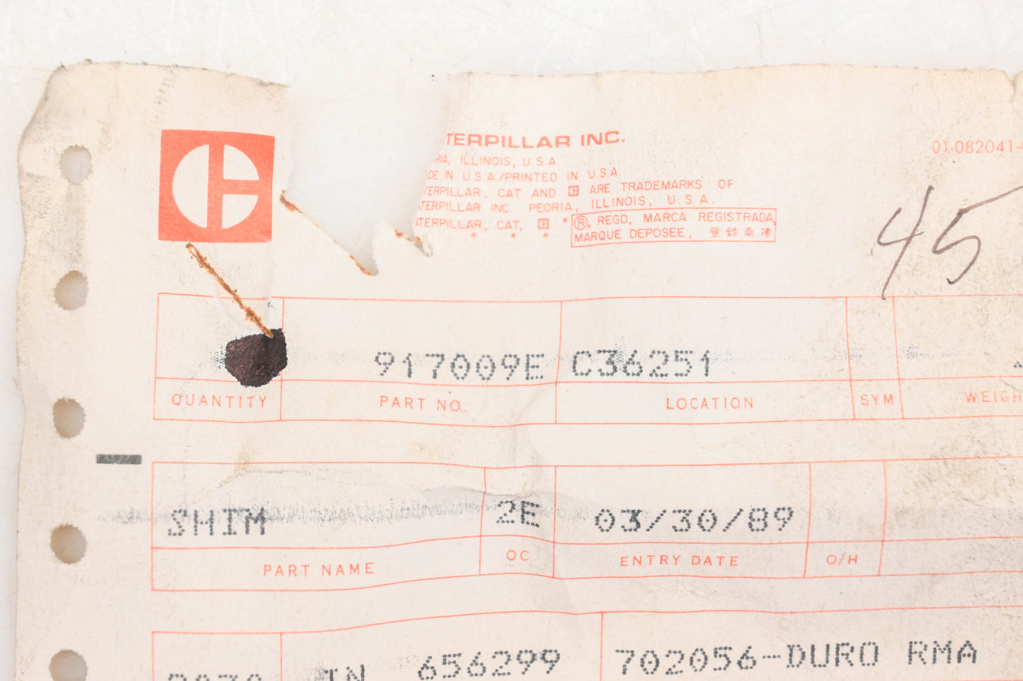 Caterpillar 917009E Shim Plate NOS