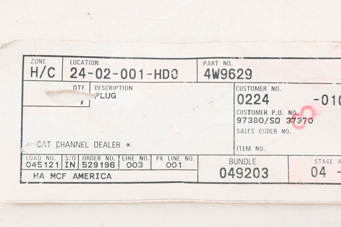 Caterpillar 4W9629, 4W-9629 Rubber Plug NOS