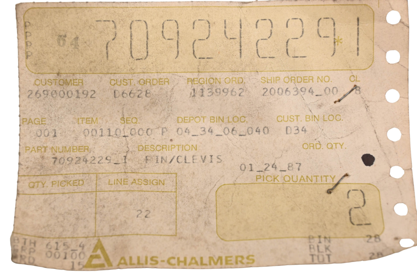 Allis-Chalmers 709242291 Clevis Pins Qty 2 NOS