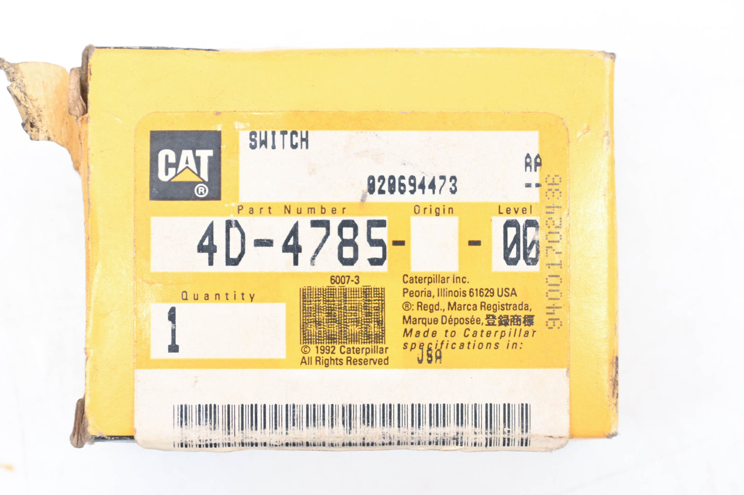 Caterpillar 4D4785, 4D-4785 Pressure Switch NOS