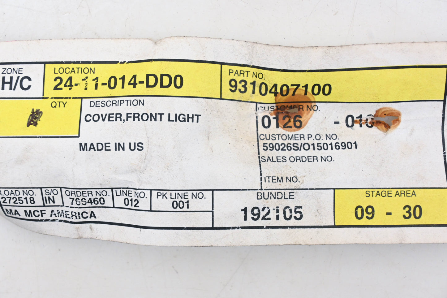 Caterpillar 9310407100, 93104-07100 Front Light Cover NOS