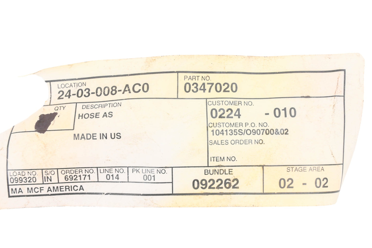 Caterpillar 347020, 0347020, 9060-04 Goodyear 1/4" x 16 Hose Assembly NOS
