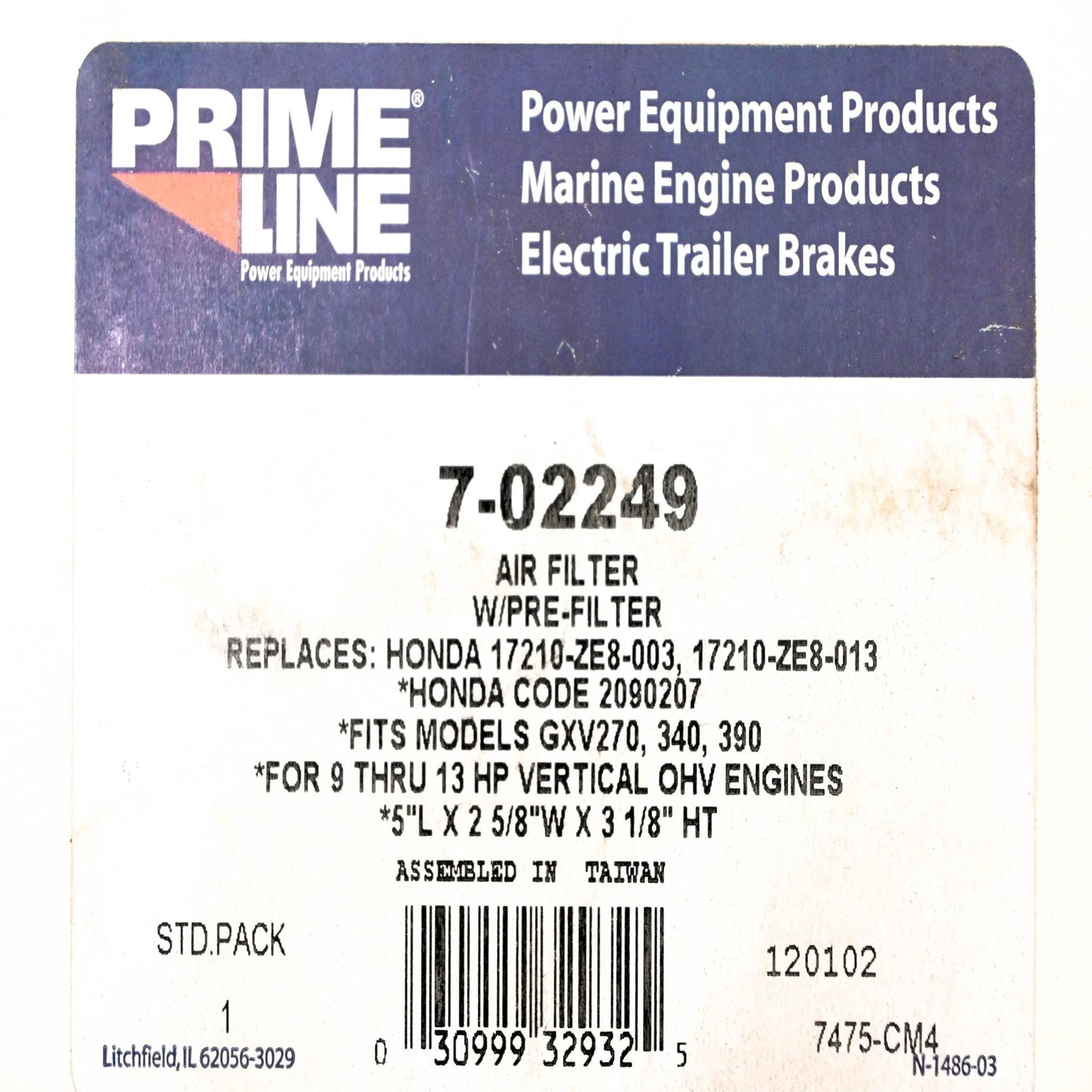 Prime LIne 7-02249, 17210-ZE8-003, 17210-ZE8-013 Air Filter NOS