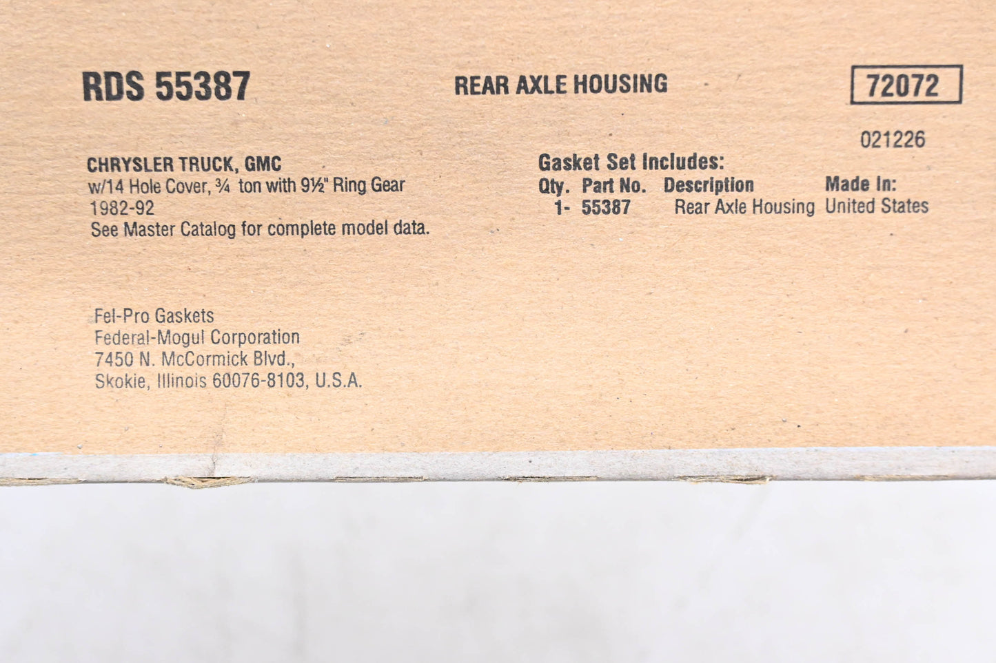 Fel-Pro RDS 55387, 55387 Differential Cover Gasket NOS