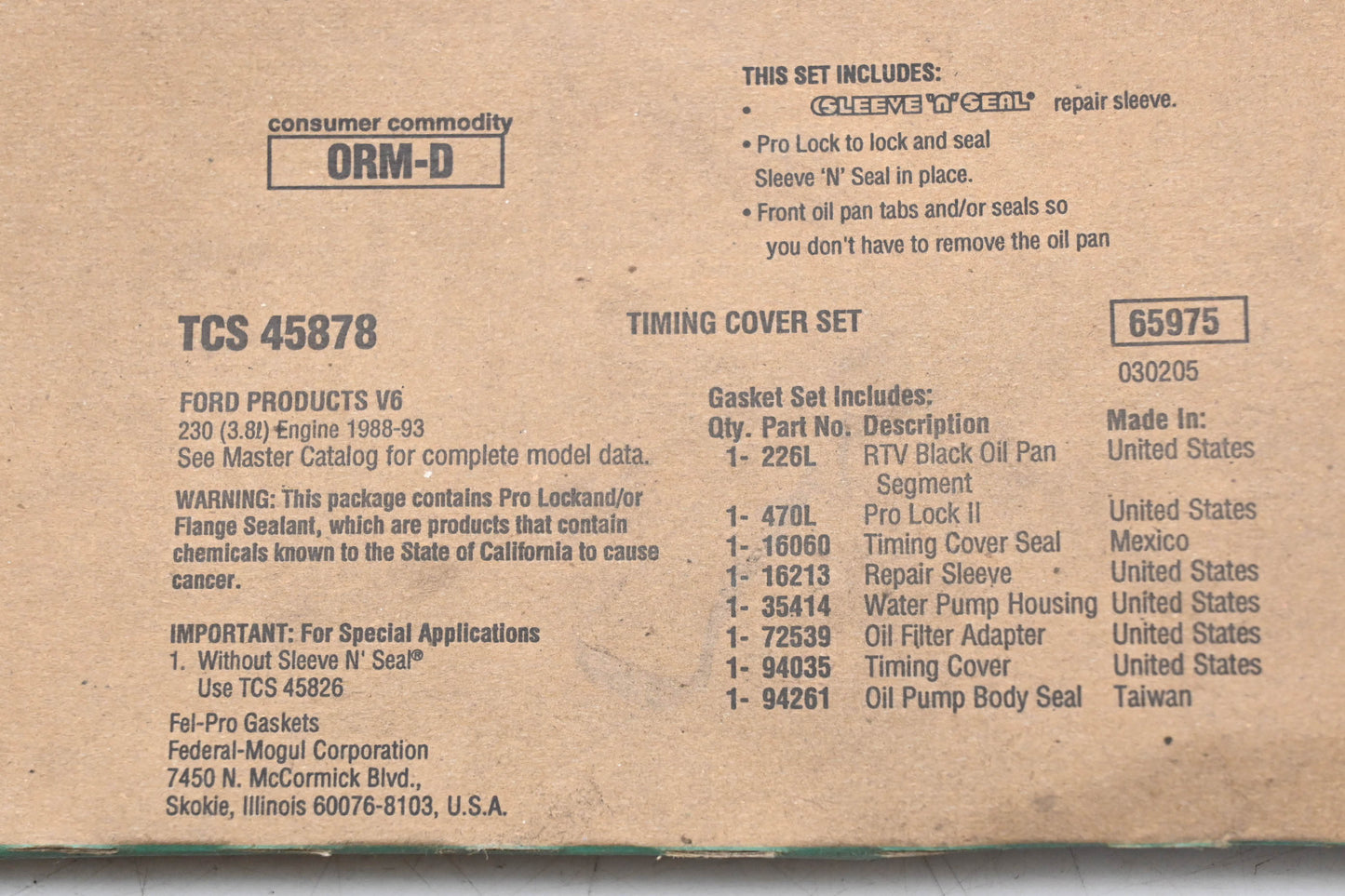 Fel-Pro TCS 45878 Timing Cover Gasket Kit NOS