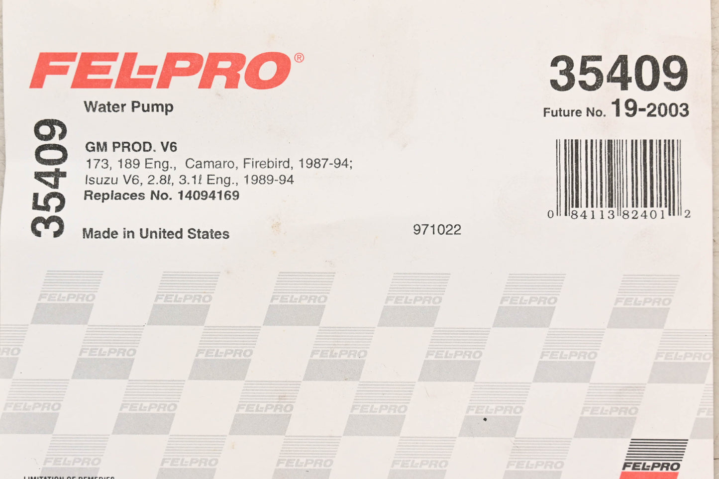 Fel-Pro 35409, 19-2003 Water Pump Gasket NOS
