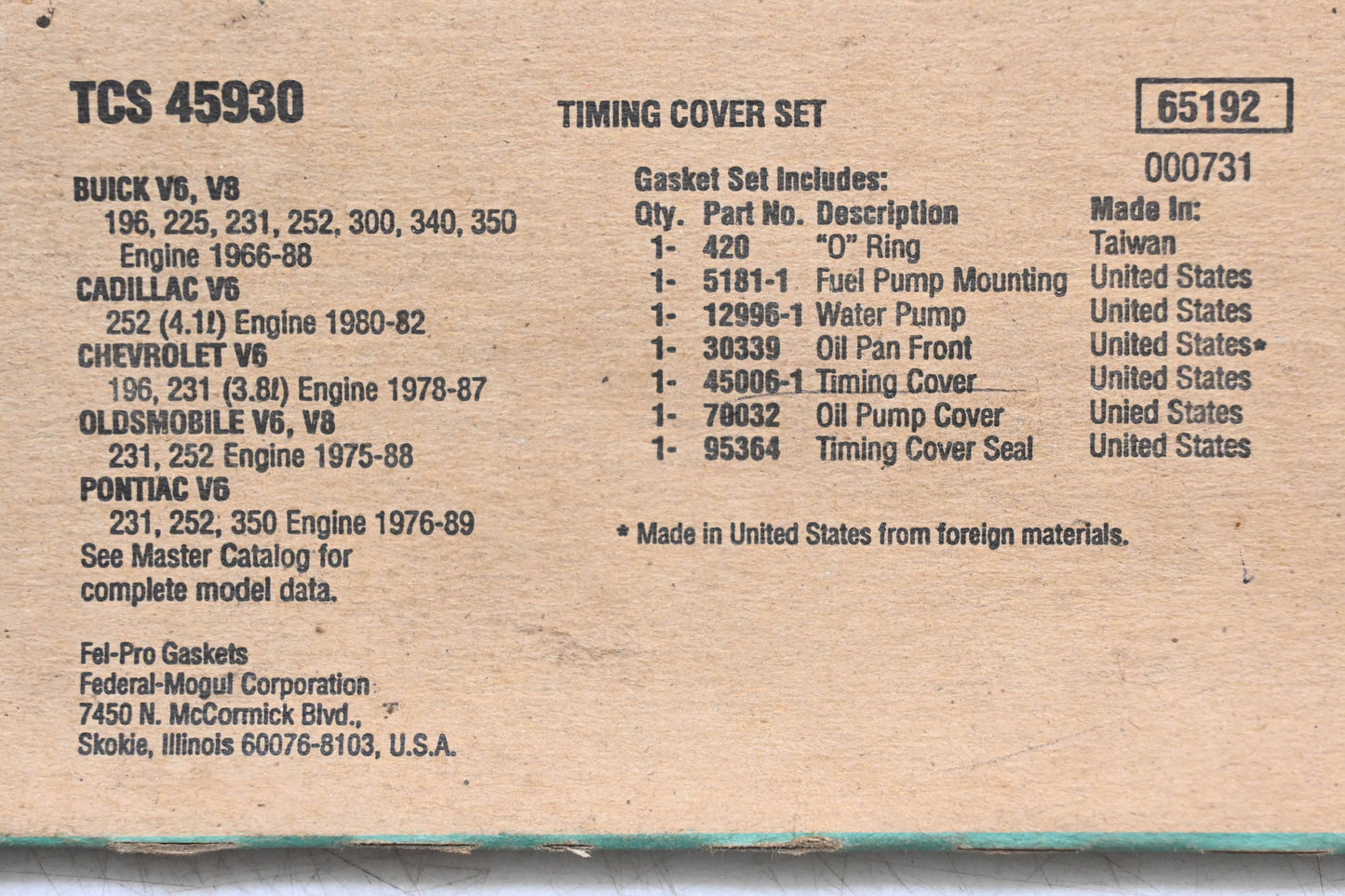 Fel-Pro TCS 45930, 45930 Timing Cover Gasket Kit NOS