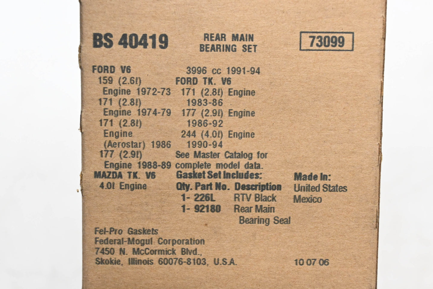 Fel-Pro BS 40419, 40419 Rear Main Bearing Gasket Kit NOS