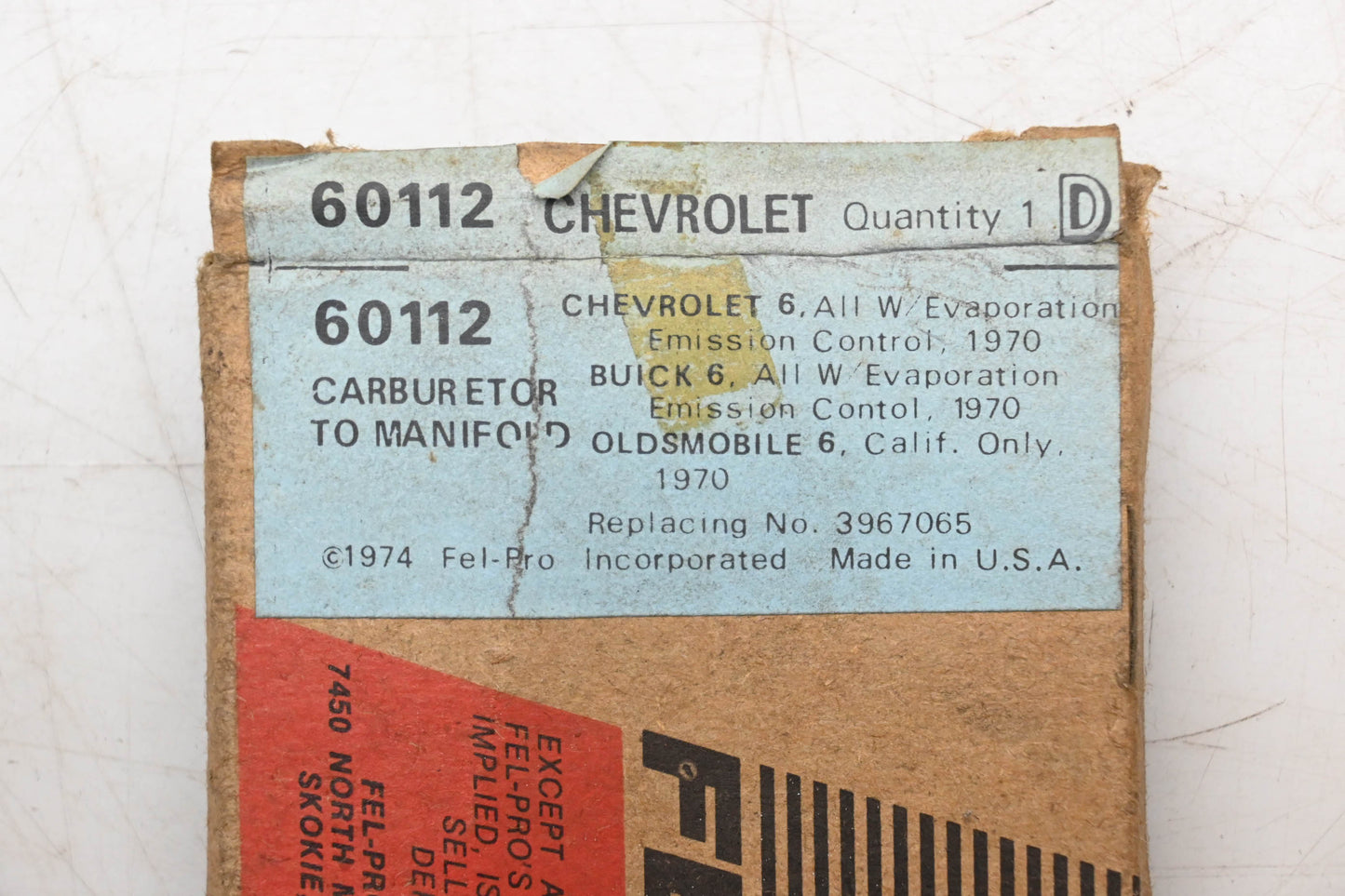 Fel-Pro 60112, 3967065 Carburetor Mounting Gasket NOS