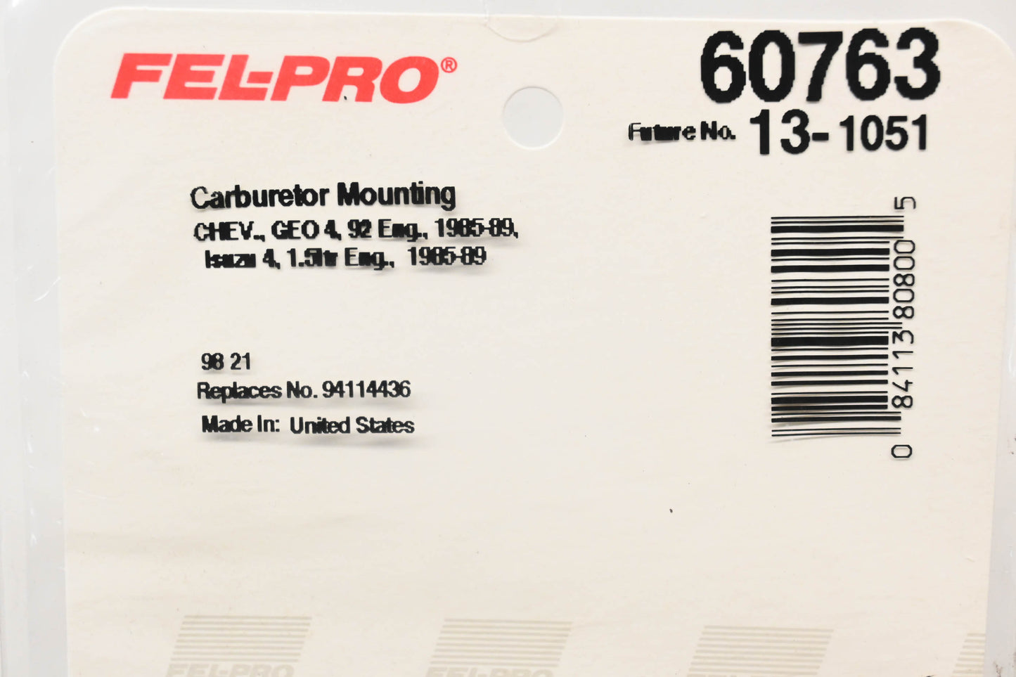 Fel-Pro 60763, 94114436 Carburetor Mounting Gasket NOS
