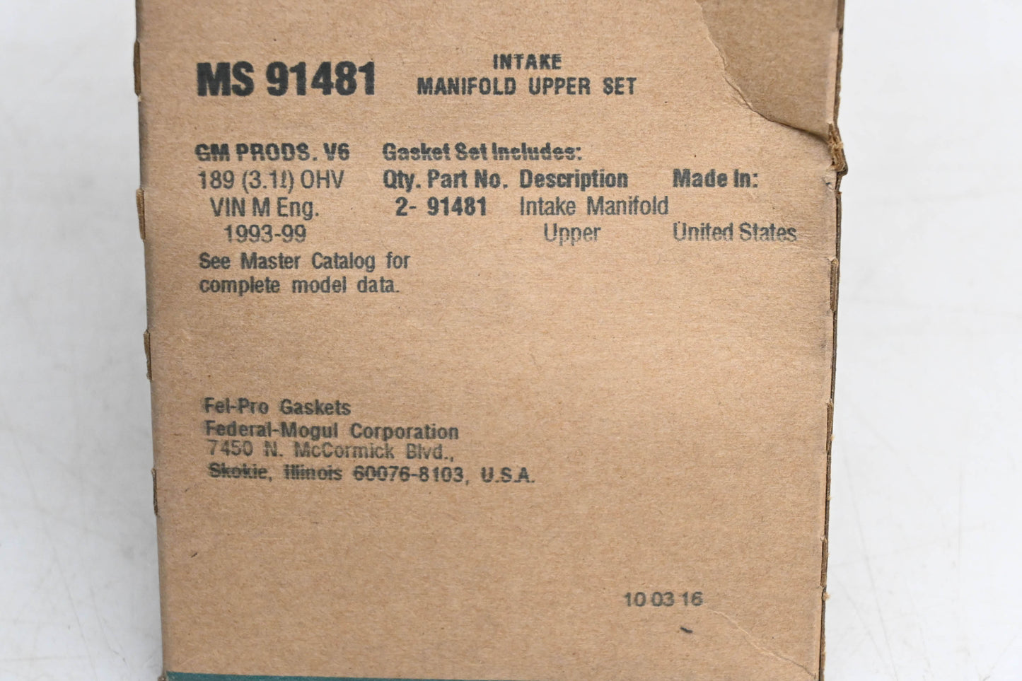 Fel-Pro MS 91481 Fuel Injection Plenum Gasket Kit NOS