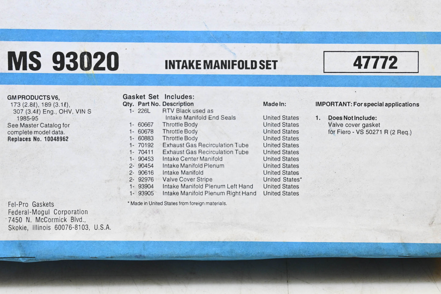 Fel-Pro MS 93020, 10048962 Intake Manifold Gasket Kit NOS