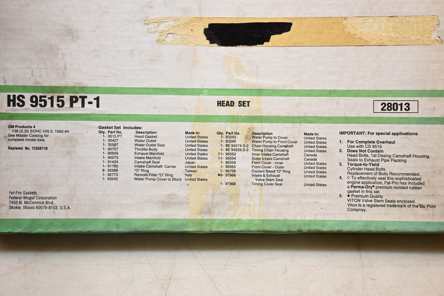 Fel-Pro HS 9515 PT-1, 12356116 Head Gasket Kit NOS