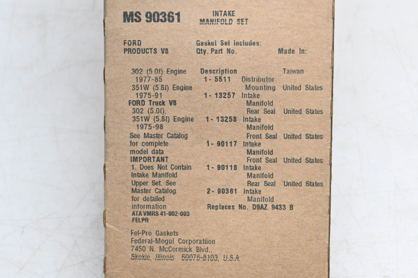 Fel-Pro MS 90361, D9AZ 9433 B Intake Manifold Gasket Kit NOS
