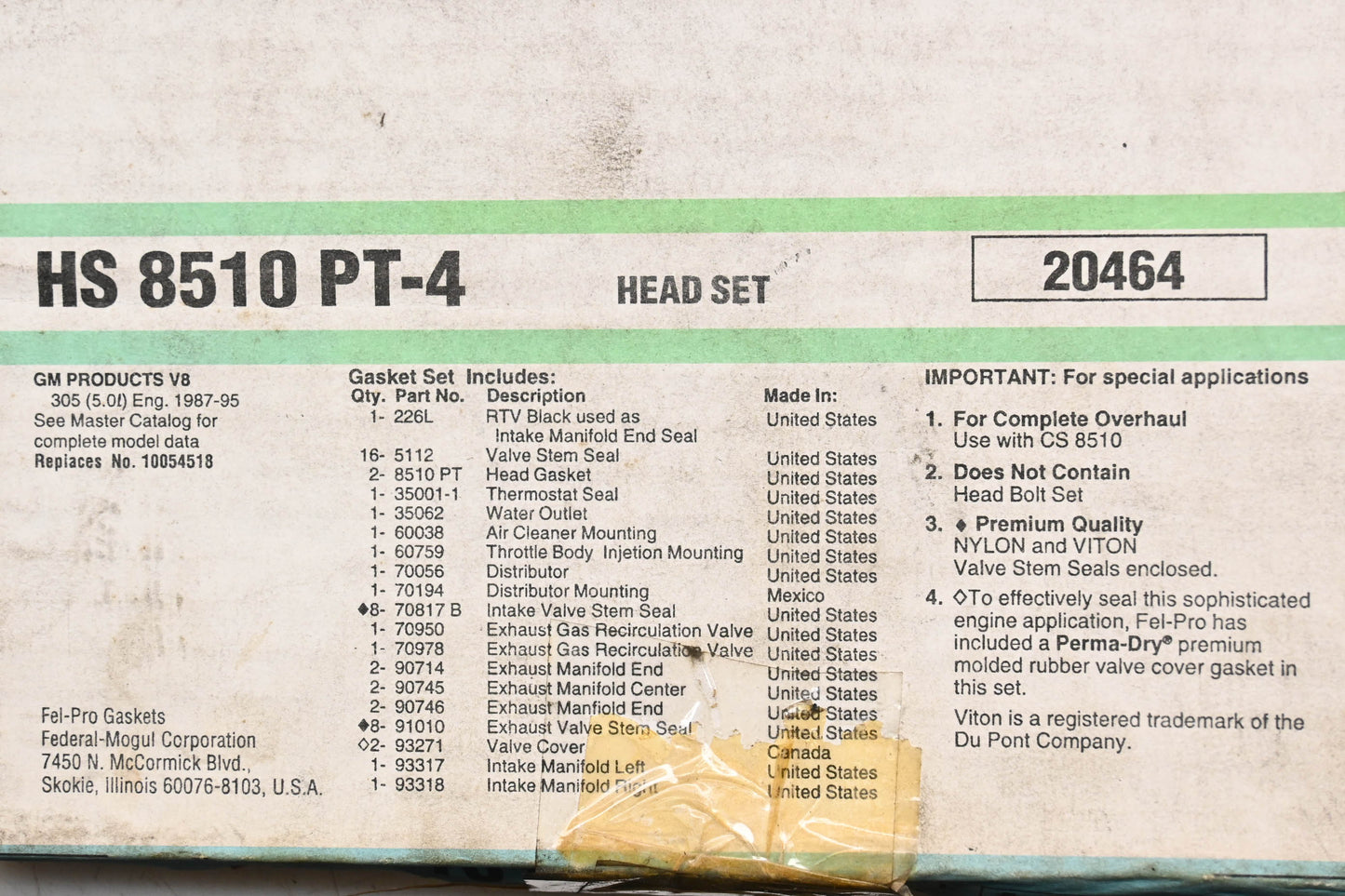 Fel-Pro HS 8510 PT-4 Head Gasket Kit NOS