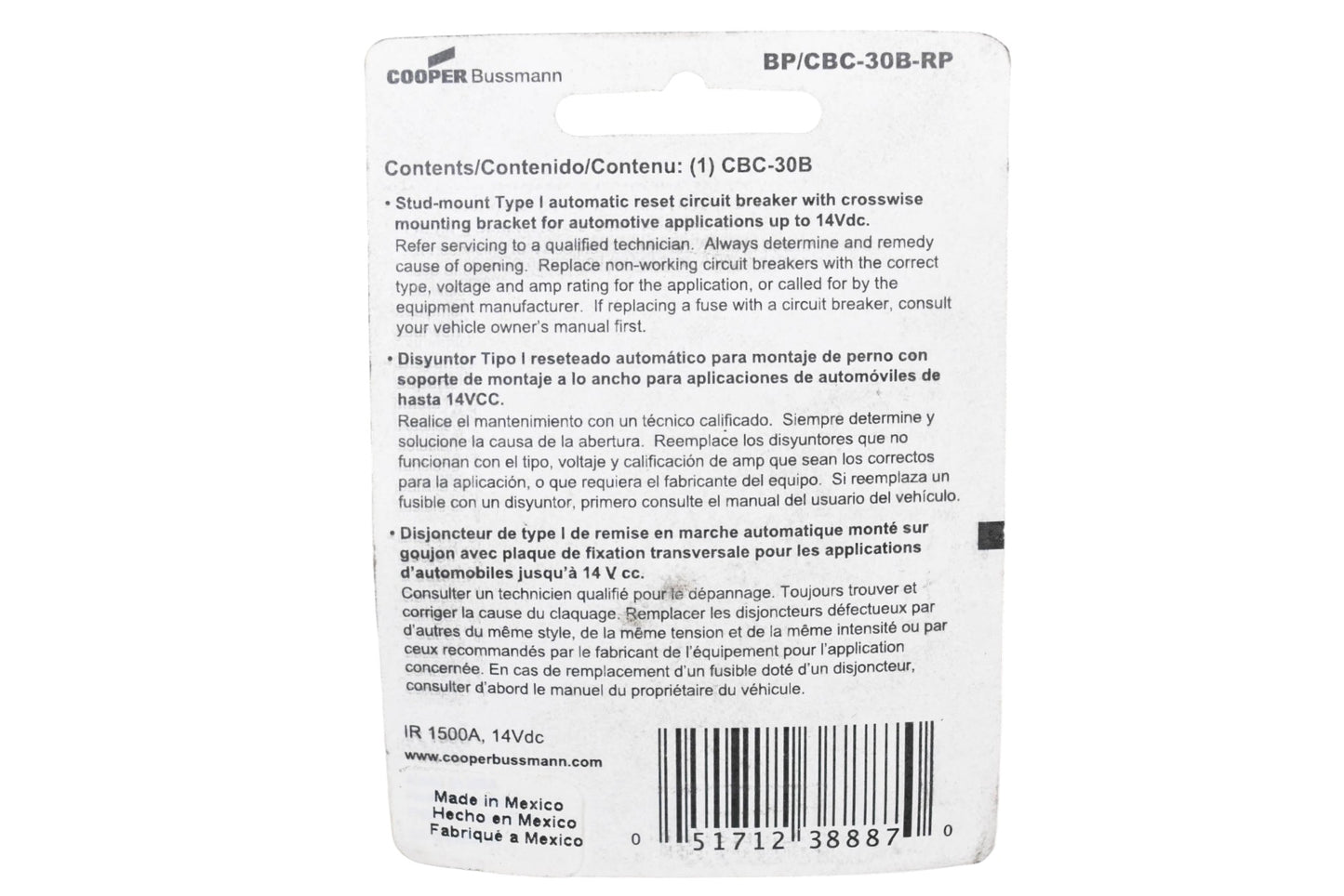 Cooper BP/CBC-30B-RP, CBC-30B Bussmann 30 Amp Auto Reset Circuit Breaker NOS