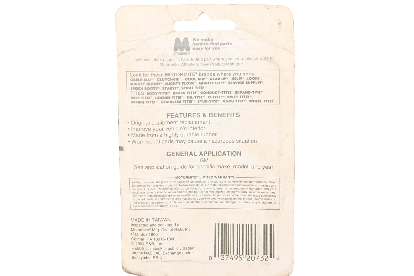 Motormite 20732 Brake & Clutch Pedal Pad NOS