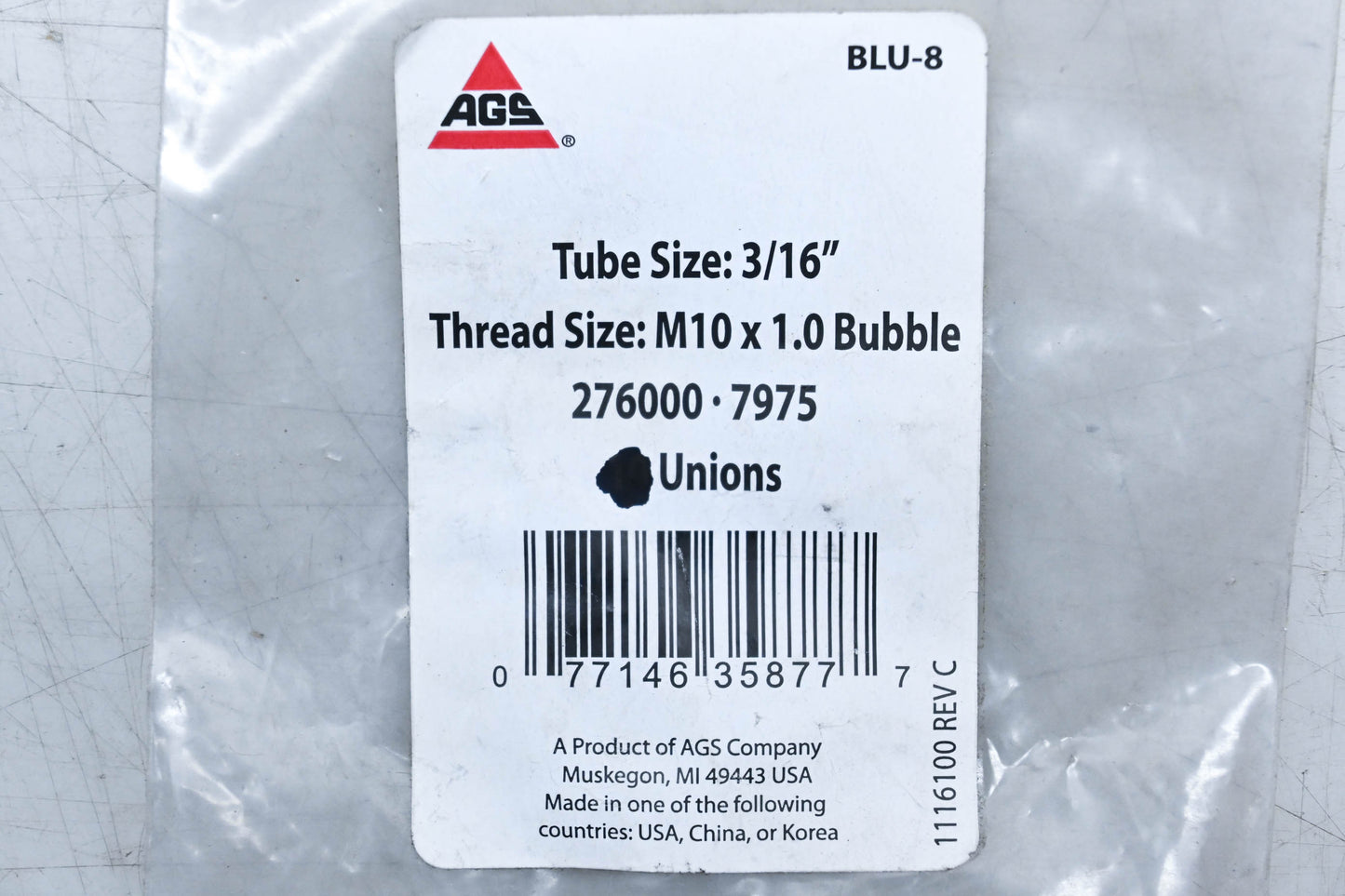 AGS BLU-8B, BLU8B, BLU-8 3/16" Brake Line Adapter NOS