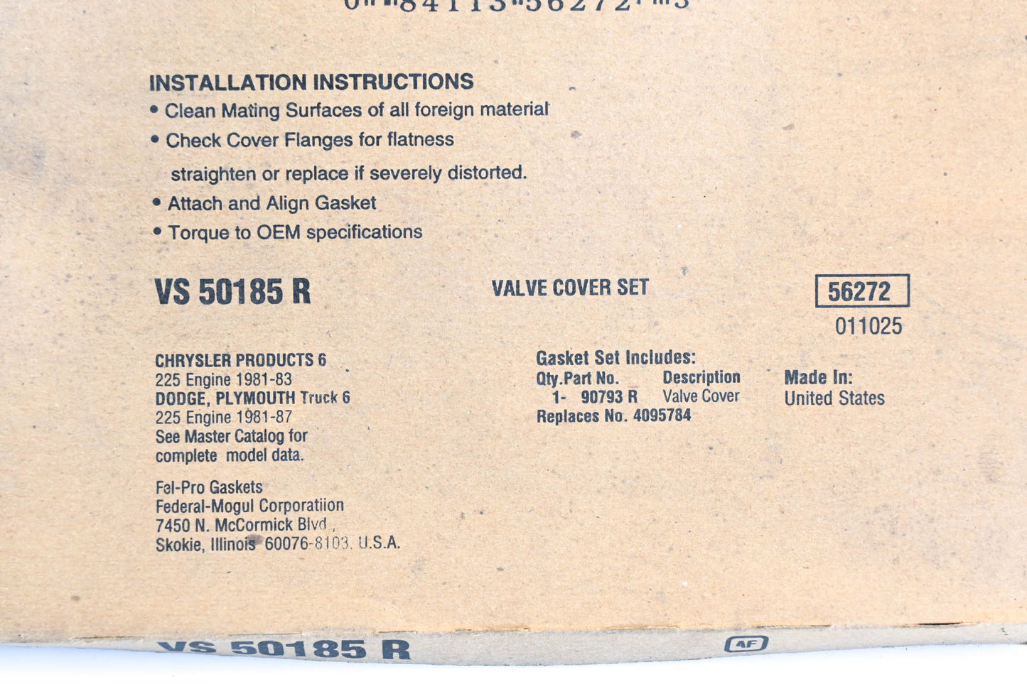 Fel-Pro VS 50185 R Valve Cover Gasket NOS