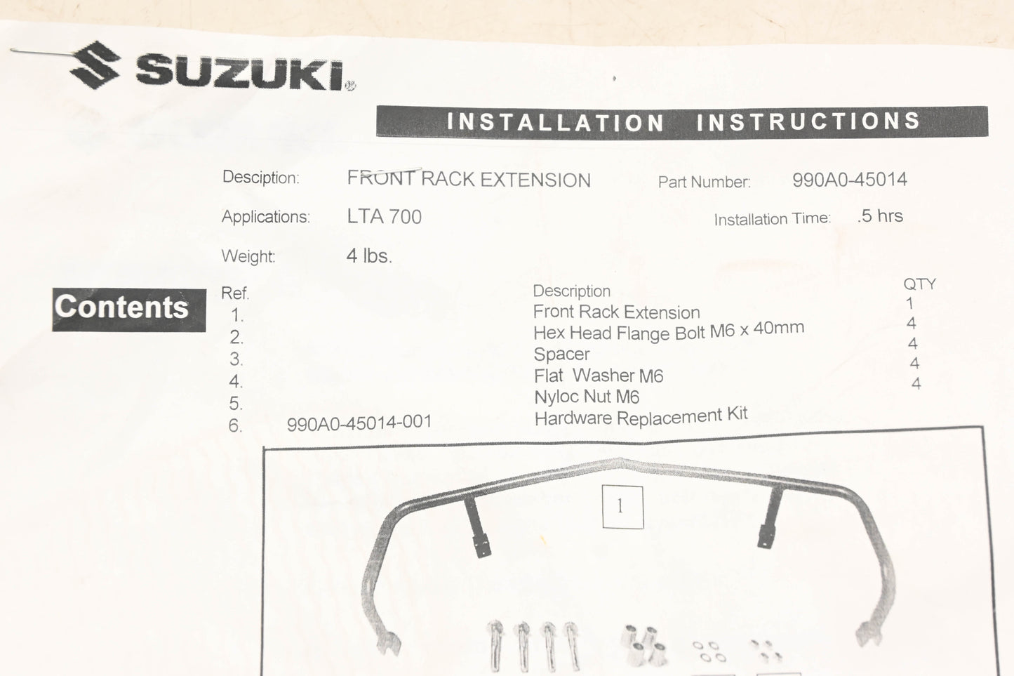New OEM Suzuki 990A0-45014 Front Rack Extension Kit NOS