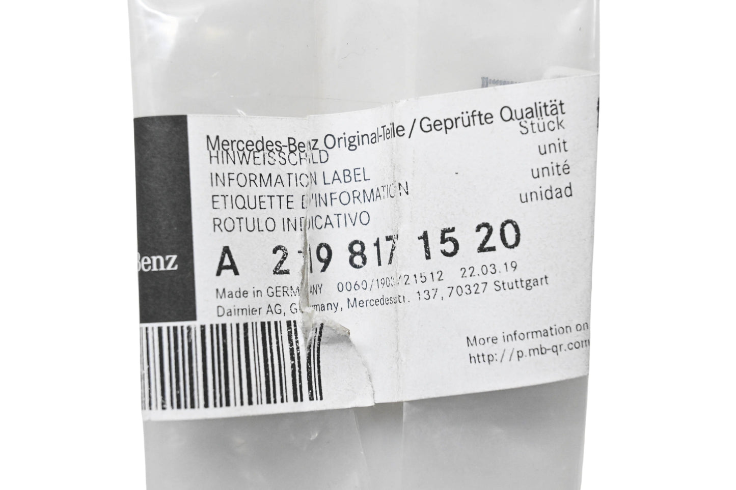 New OEM Mercedes-Benz 219 817 15 20 Label NOS