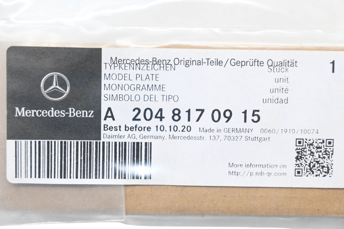 New OEM Mercedes-Benz 204 817 09 15 Model Plate NOS