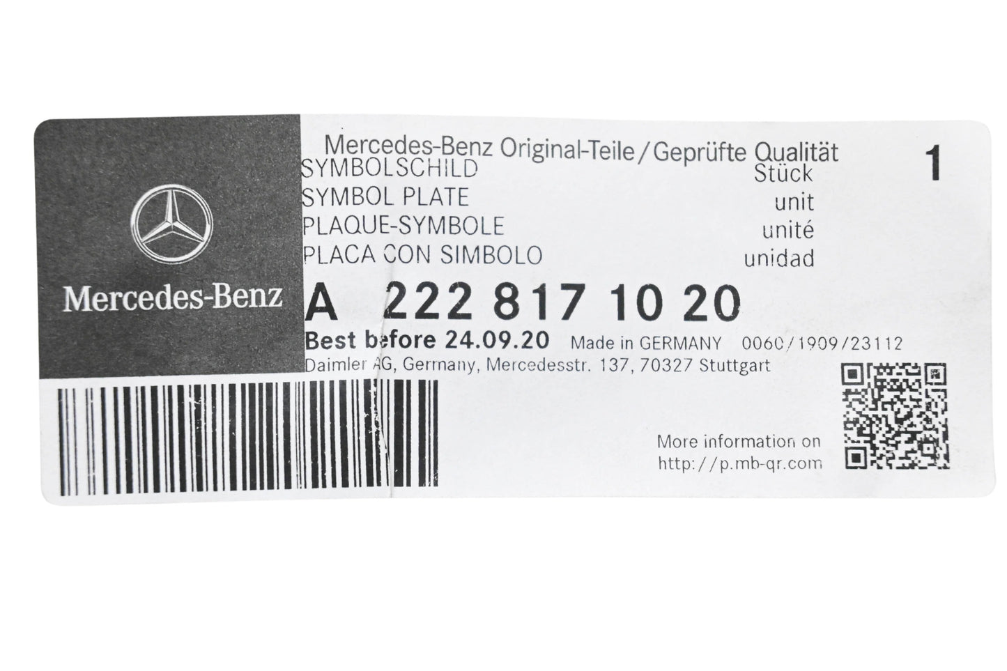 New OEM Mercedes-Benz 222 817 10 20 Symbol Plate NOS