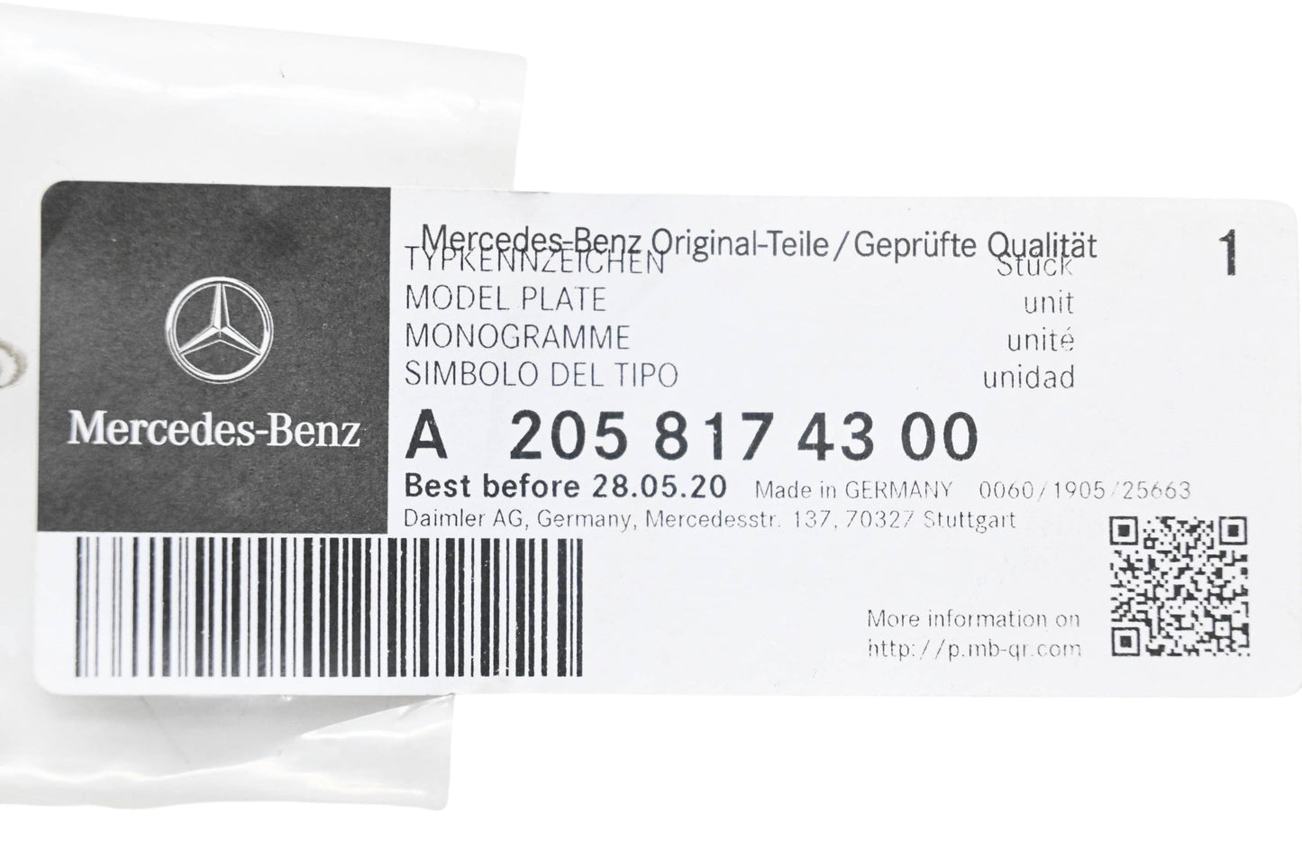 New OEM Mercedes-Benz 205 817 43 00 Model Plate NOS