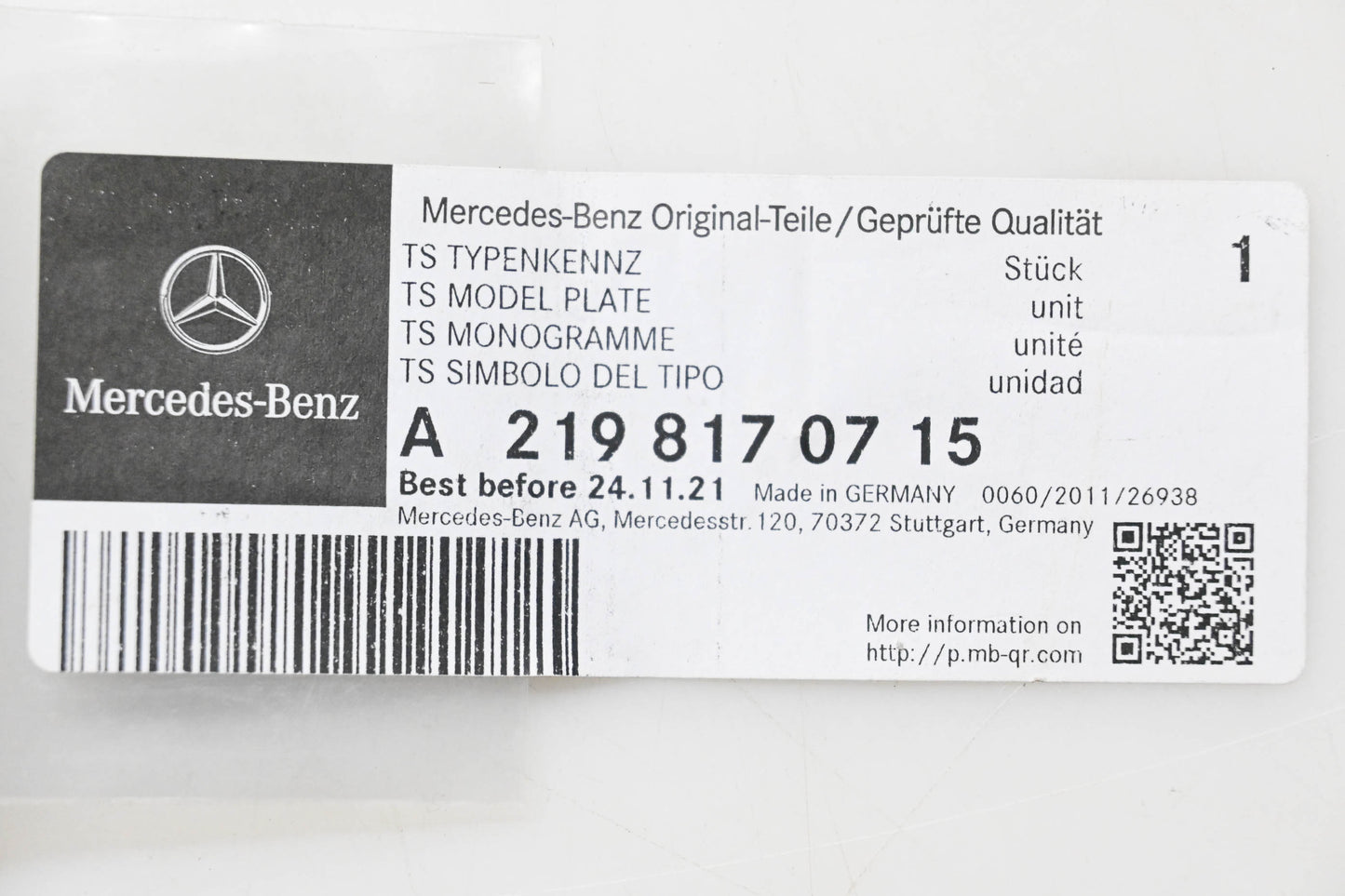 New OEM Mercedes-Benz 219 817 07 15 Model Plate NOS