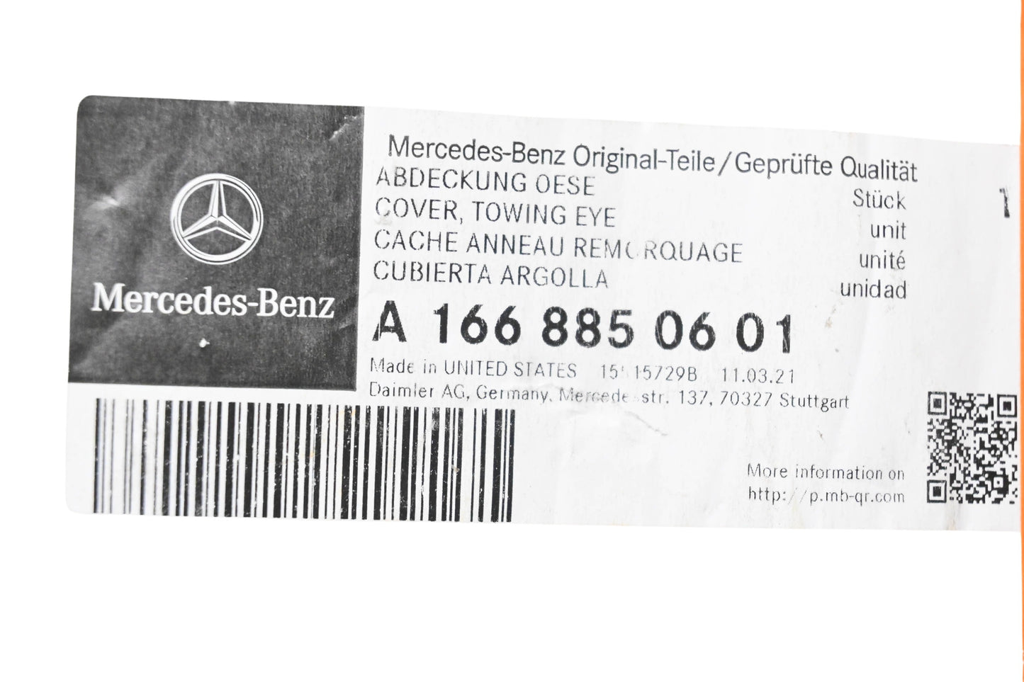New OEM Mercedes-Benz 166 885 06 01 Towing Eye Cover NOS