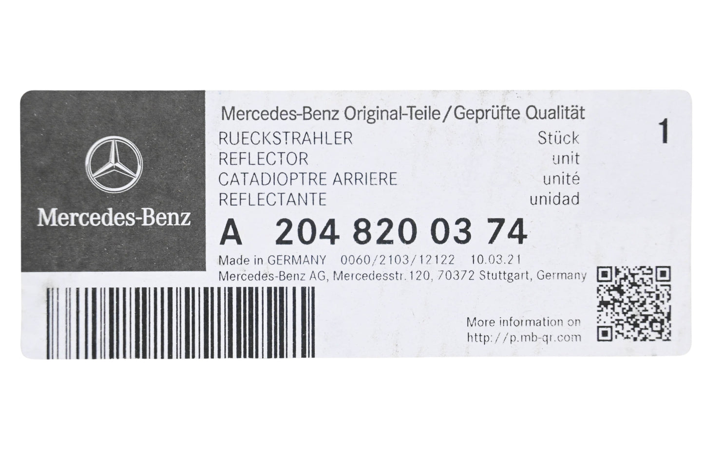 New OEM Mercedes-Benz 204 820 03 74 Reflector NOS