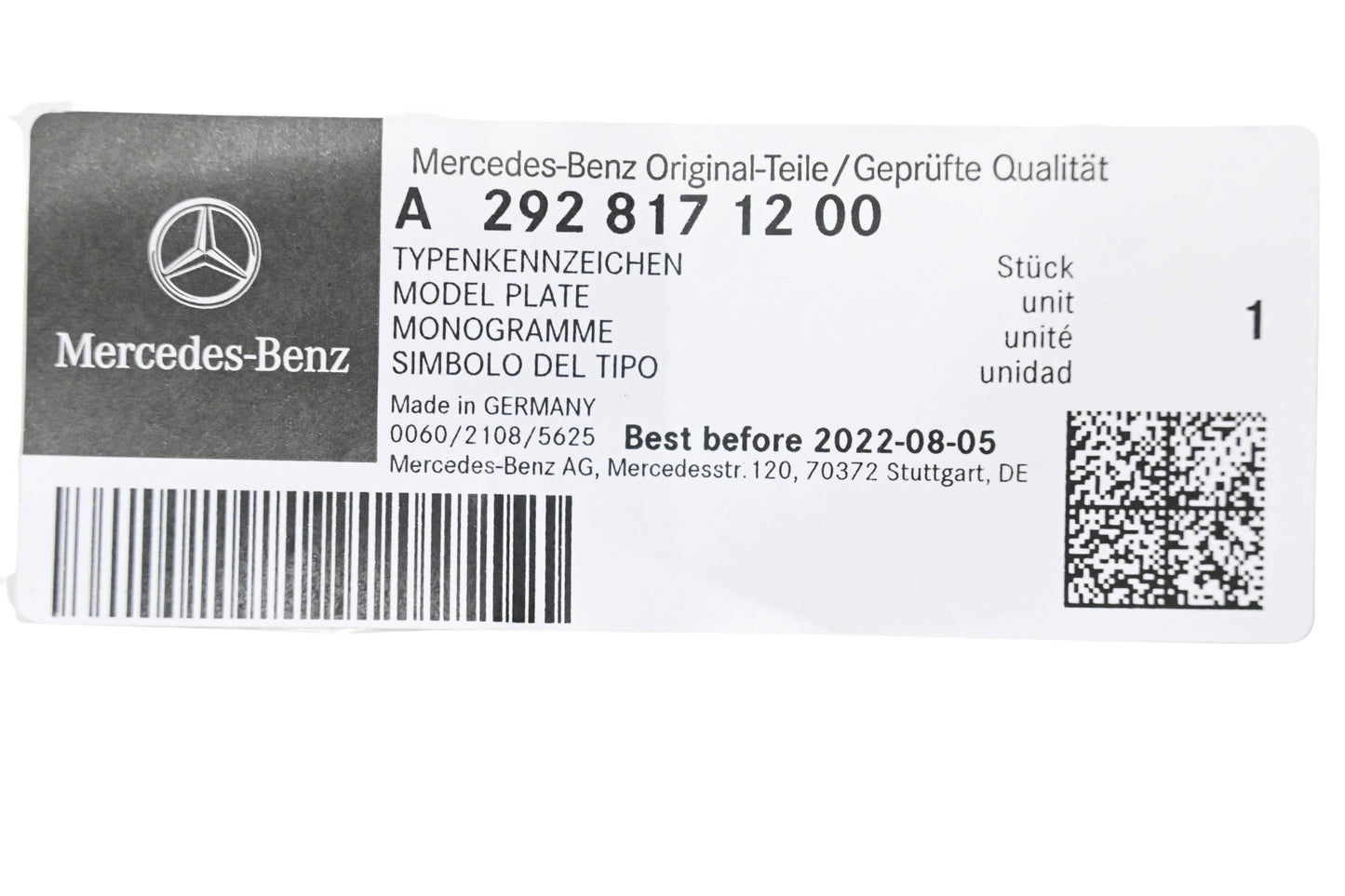 New OEM Mercedes-Benz 292 817 12 00 Model Plate NOS
