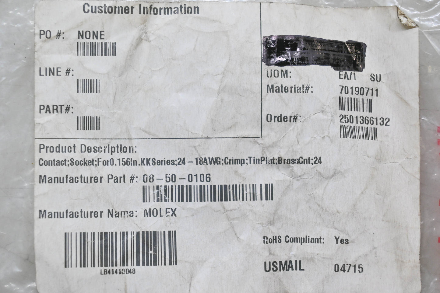 Molex 08-50-0106 Female Connector Terminals Qty 2 NOS