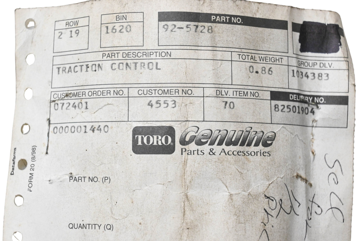 Toro 92-5728 Traction Control Cable NOS