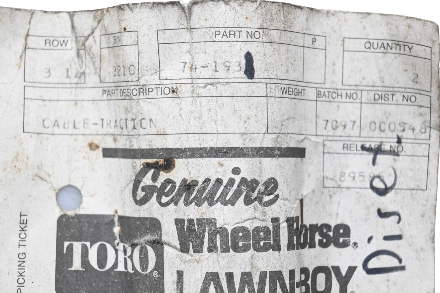 Toro 74-1931 Traction Cable NOS