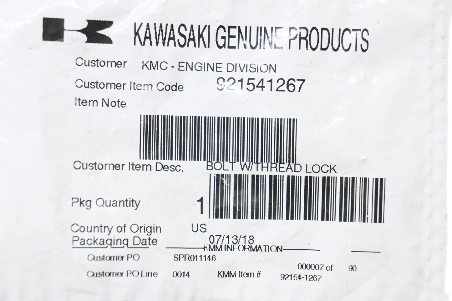 New OEM Kawasaki 921541267 Bolt & Thread Lock NOS