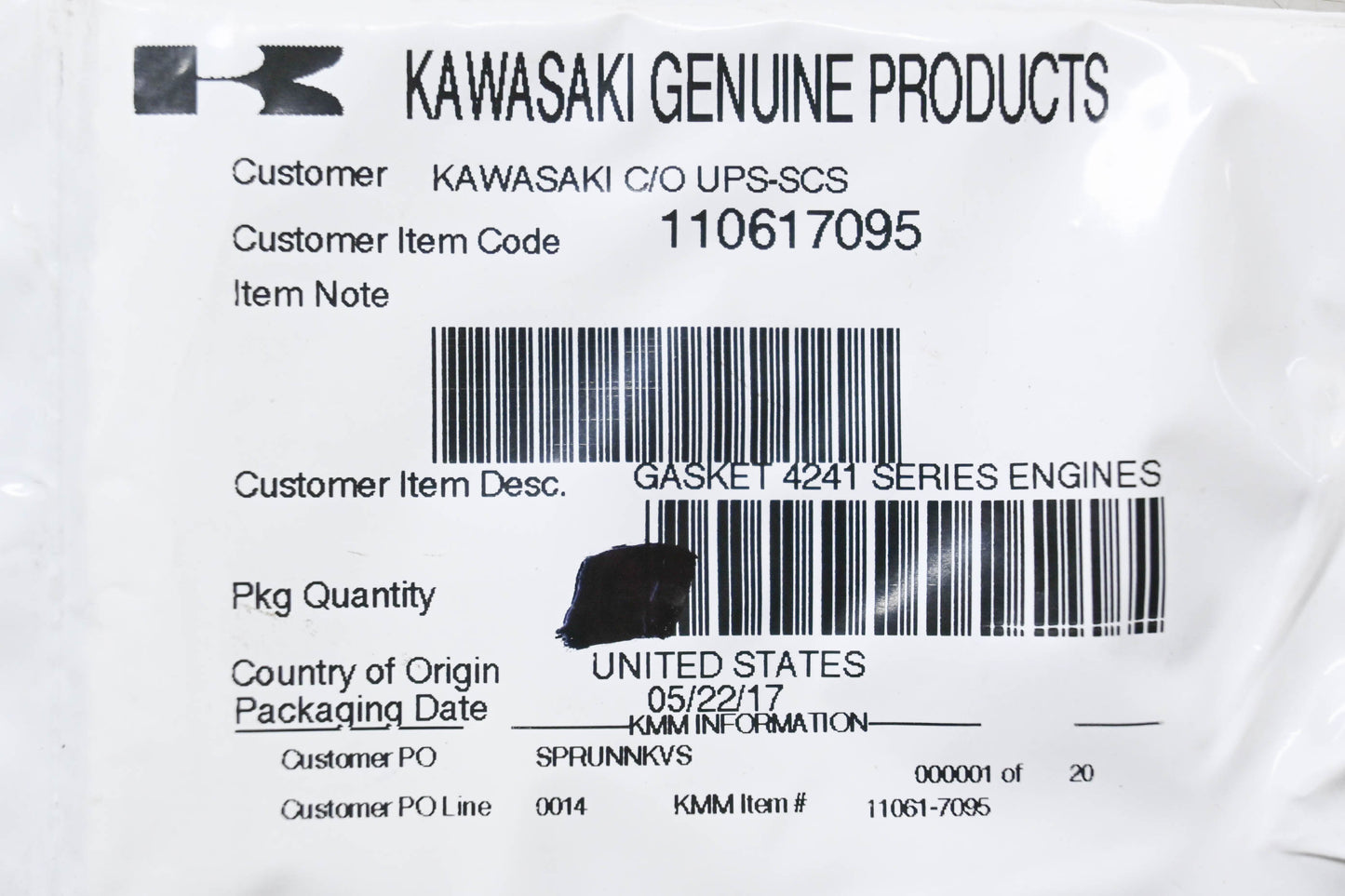 New OEM Kawasaki 110617095 Gasket NOS