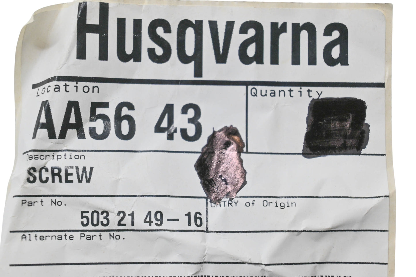New OEM Husqvarna 503 21 49-16, 503214916 Screw NOS
