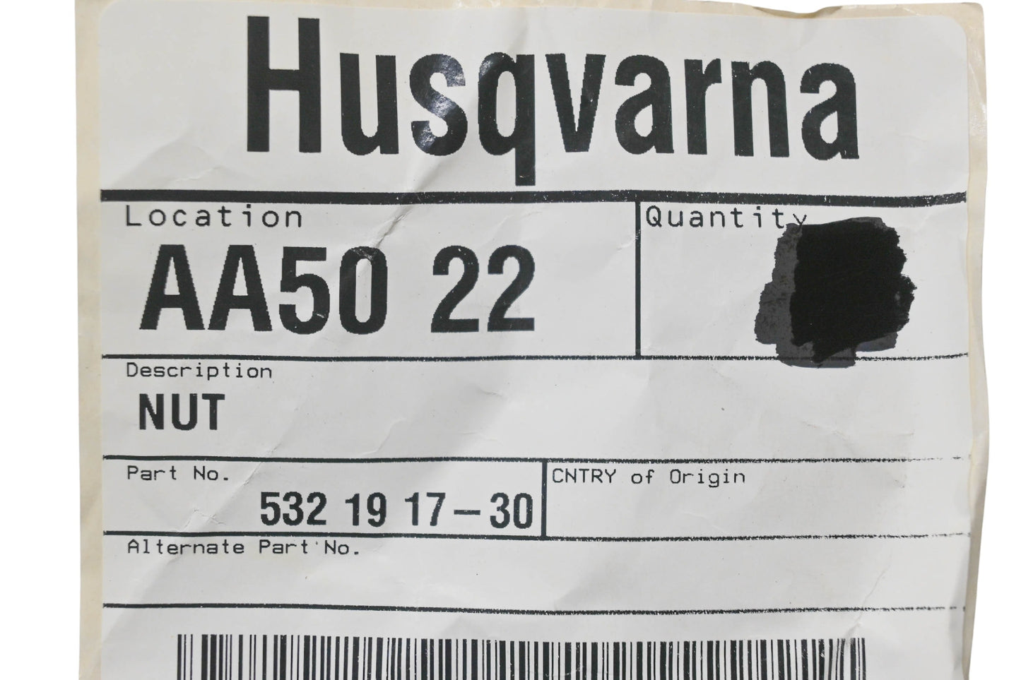 New OEM Husqvarna 532 19 17-30, 532191730 Nut NOS
