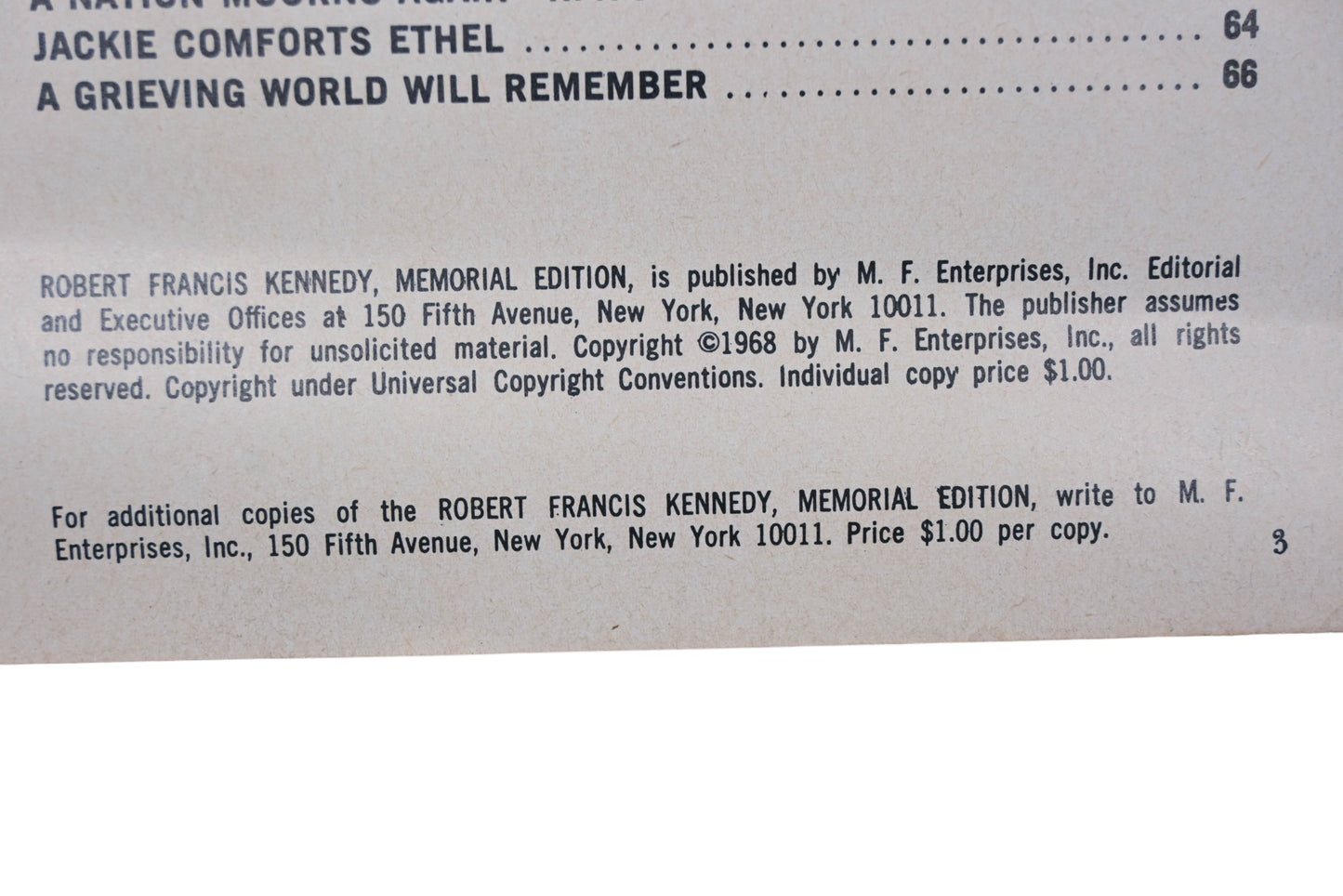 M.F.Enterprises HU021-12 1968 Robert F. Kennedy Memorial Issue Magazine