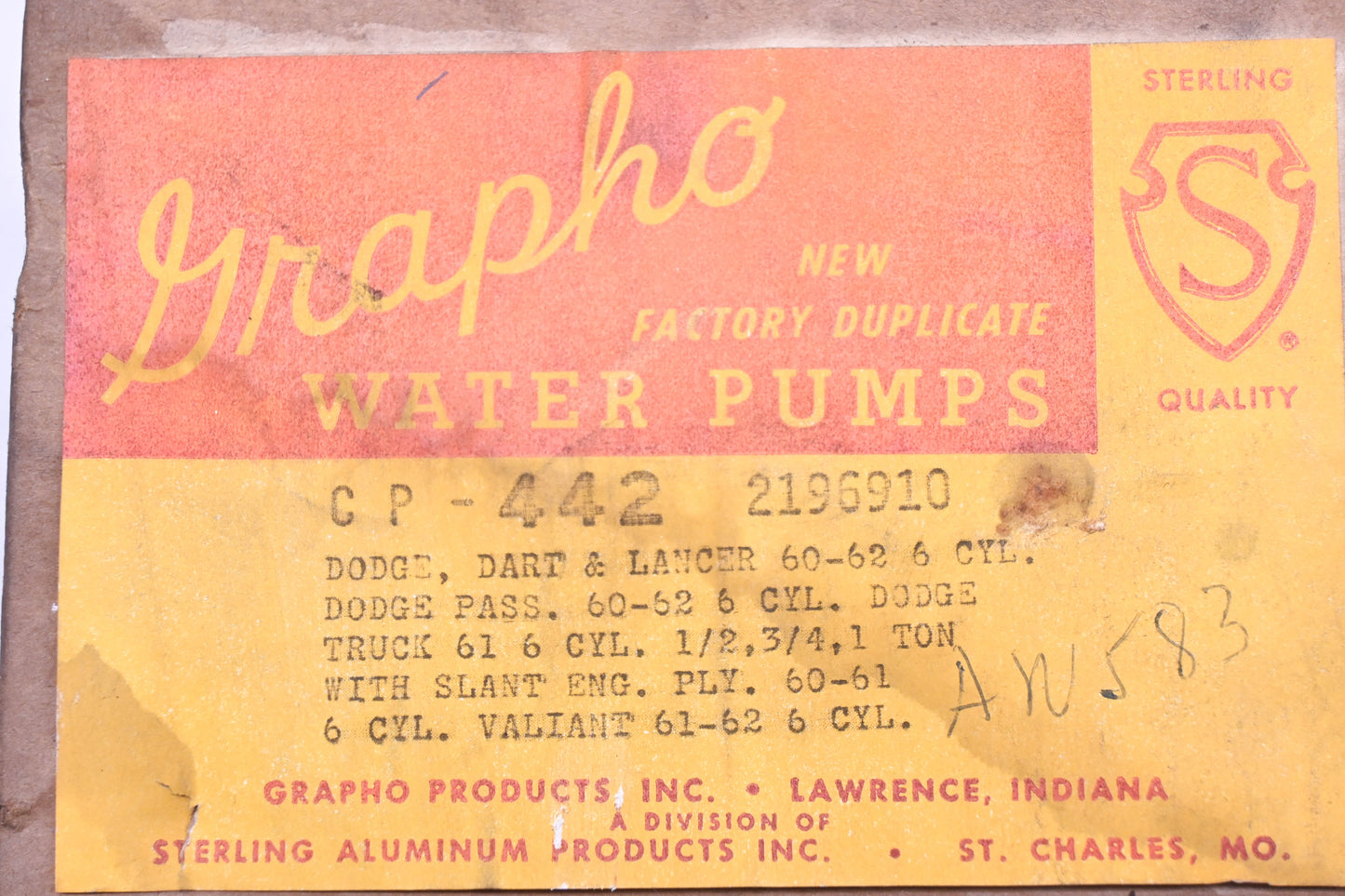 Grapho CP-442, 2196910 Water Pump Assembly NOS