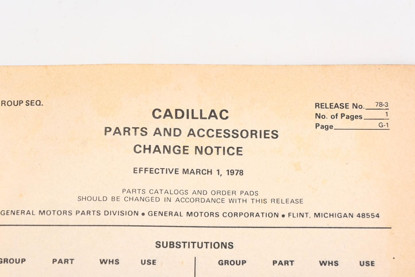 Cadillac RR001-31 March 1978 Parts & Accessories Numerical Price List Catalog