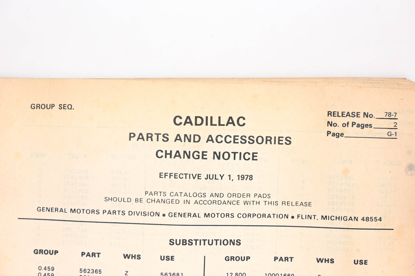 Cadillac RR001-33 July 1978 Parts & Accessories Numerical Price List Catalog