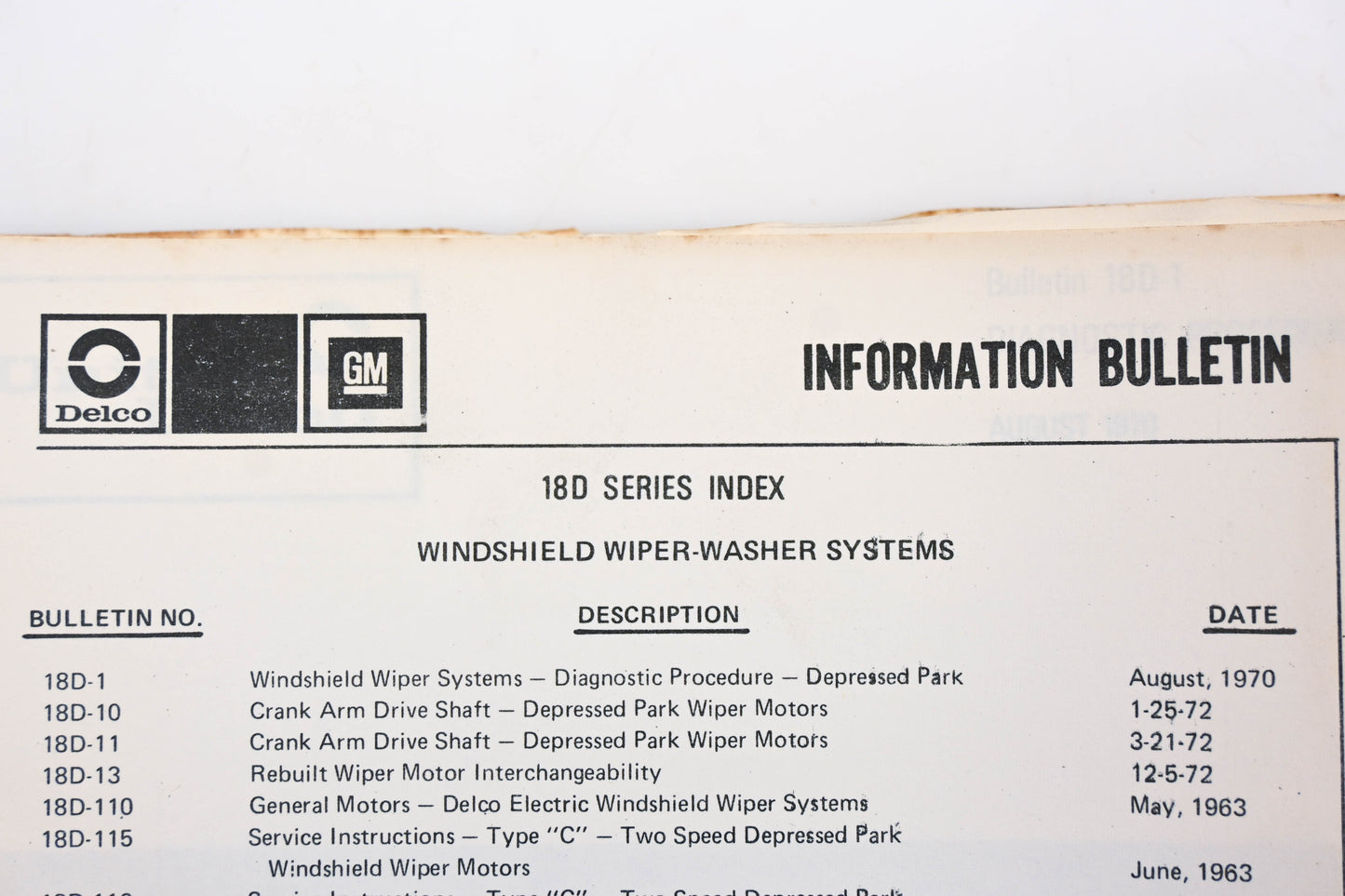 Delco HU021-19 18D Series Windshield Wiper Systems Bulletins