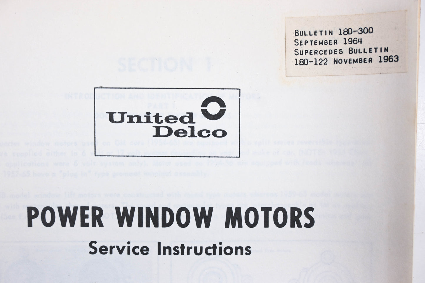Delco 18D-300 September 1964 Power Windows Motors Service Bulletin